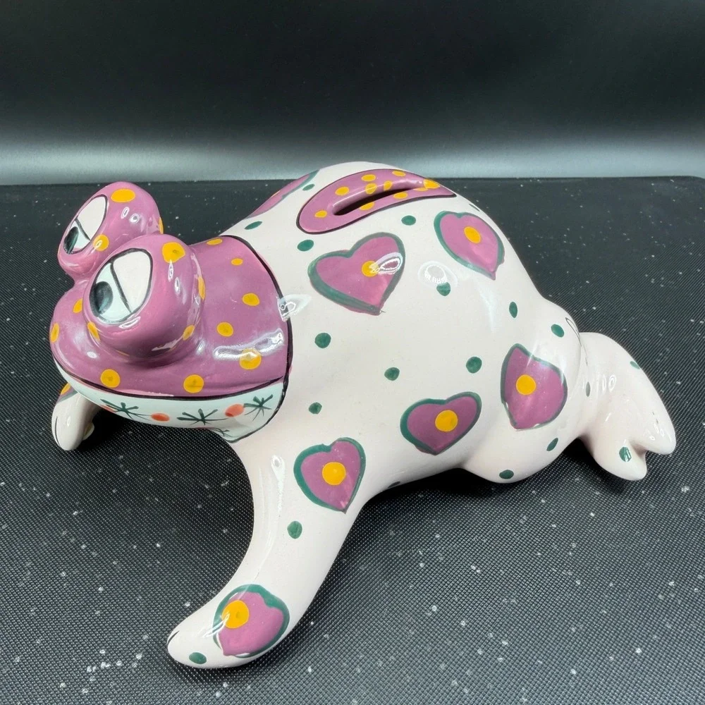Ganz Bella Casa Ceramic Frog Piggy Bank Hand Painted Hearts Polka‎ Dots Pink